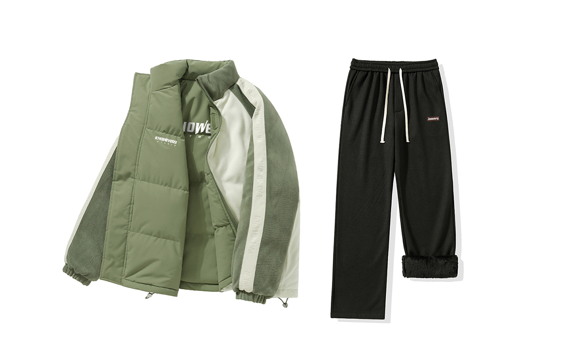 

KNOW EVERY Пуховик Unisex, Olive Green+Sherpa Waffle Knit Pants Black