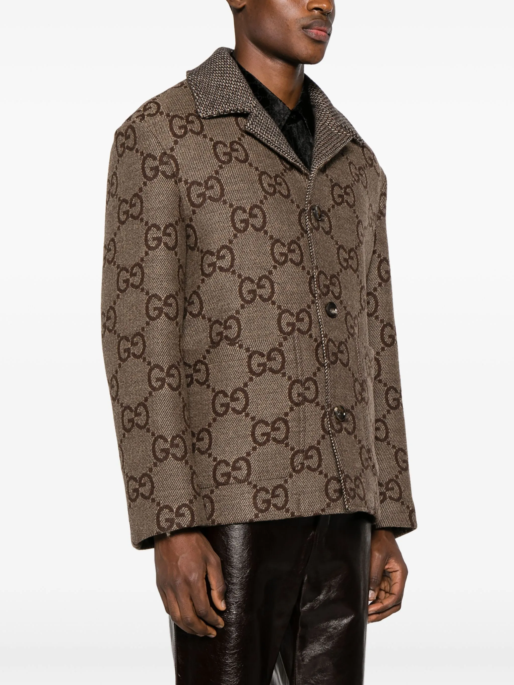 Жаккардовый пиджак с узором Maxi GG Gucci, коричневый — фото 3