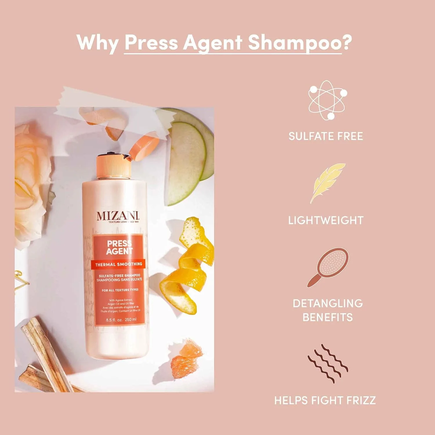 Шампунь MIZANI Press Agent без сульфатов - терморазглаживающий - увлажняет волосы при термоукладке, сушке феном и выпрямлении утюжком. Подходит для сухих и вьющихся волос. С аргановым маслом. 251 мл (.), Pink — фото 3