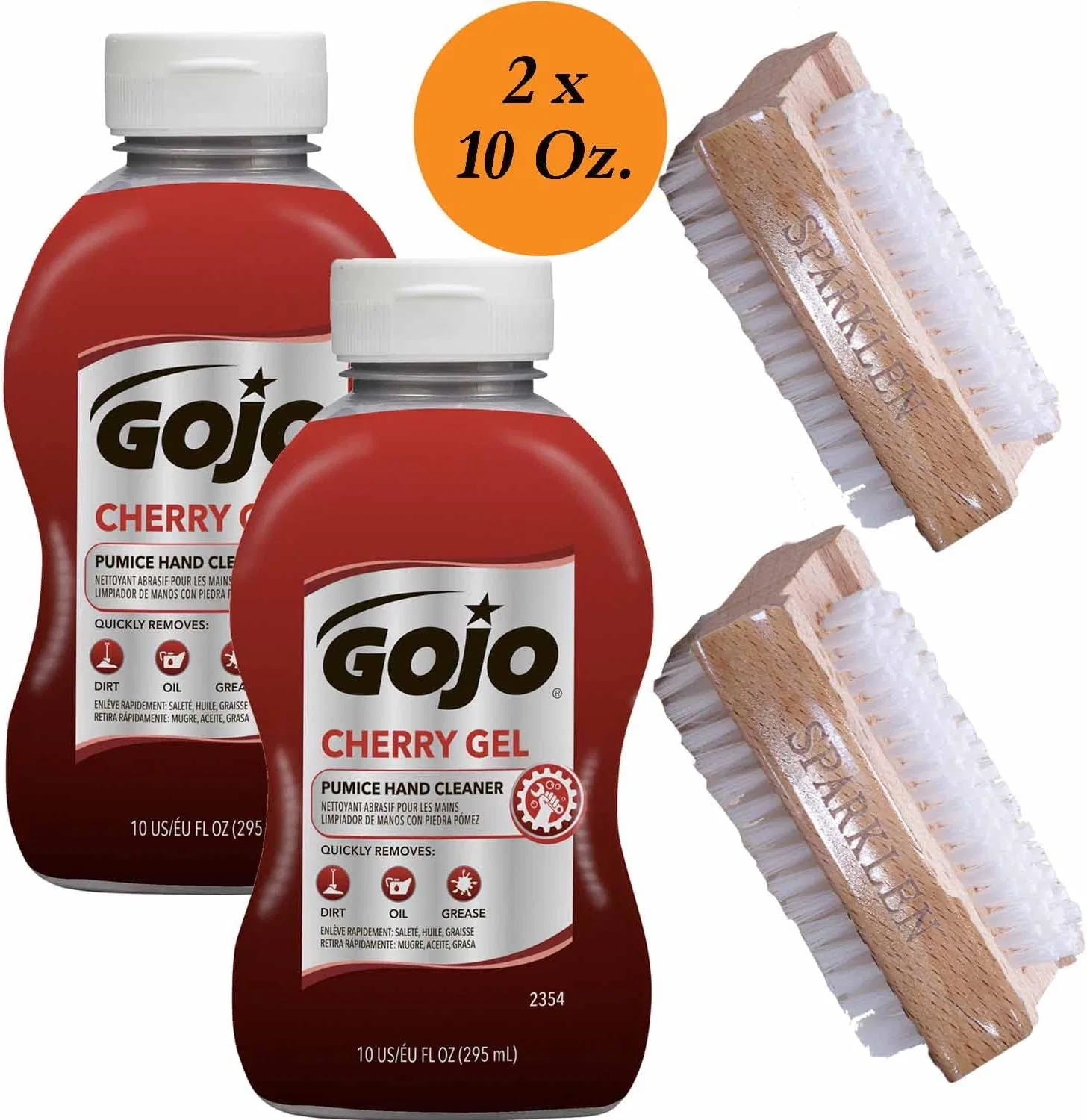 Очиститель для рук GOJO Cherry Gel Pumice Stone, 2 флакона по 10 унций (всего 20 унций) с щетками для ногтей Sparklen — фото 2
