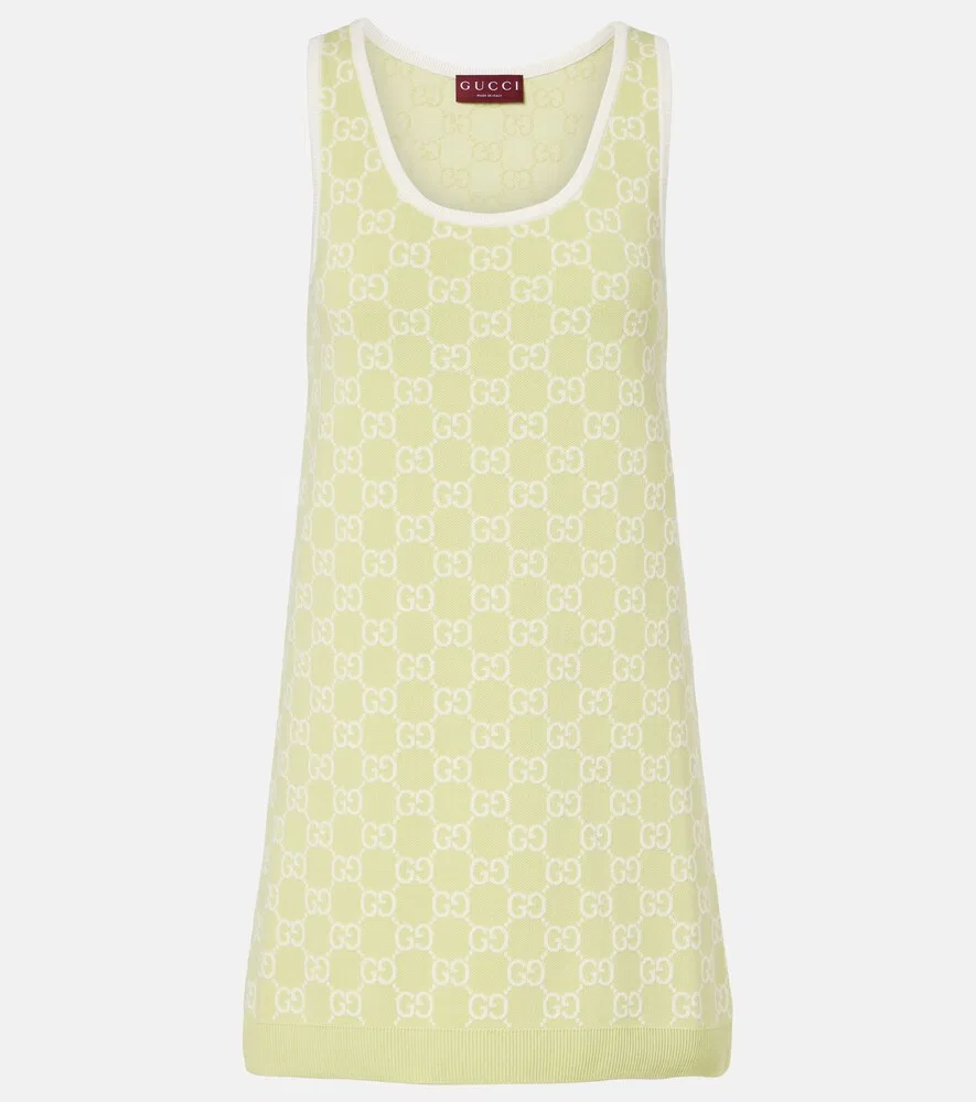 Мини-платье Gucci Жаккардовое с монограммой GG, хлопковое, зеленое
