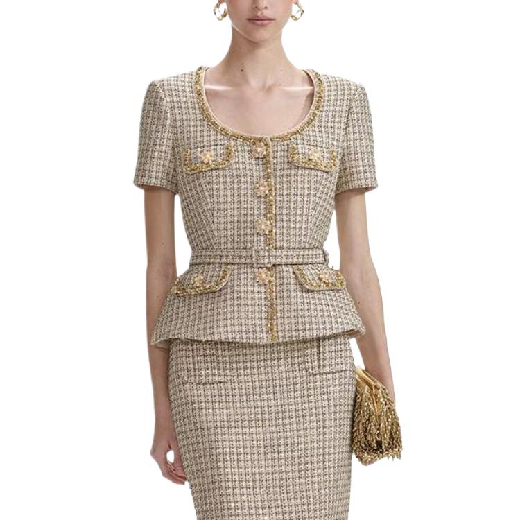 

Self-portrait Каменный твидовый блузка с аппликацией, Gold