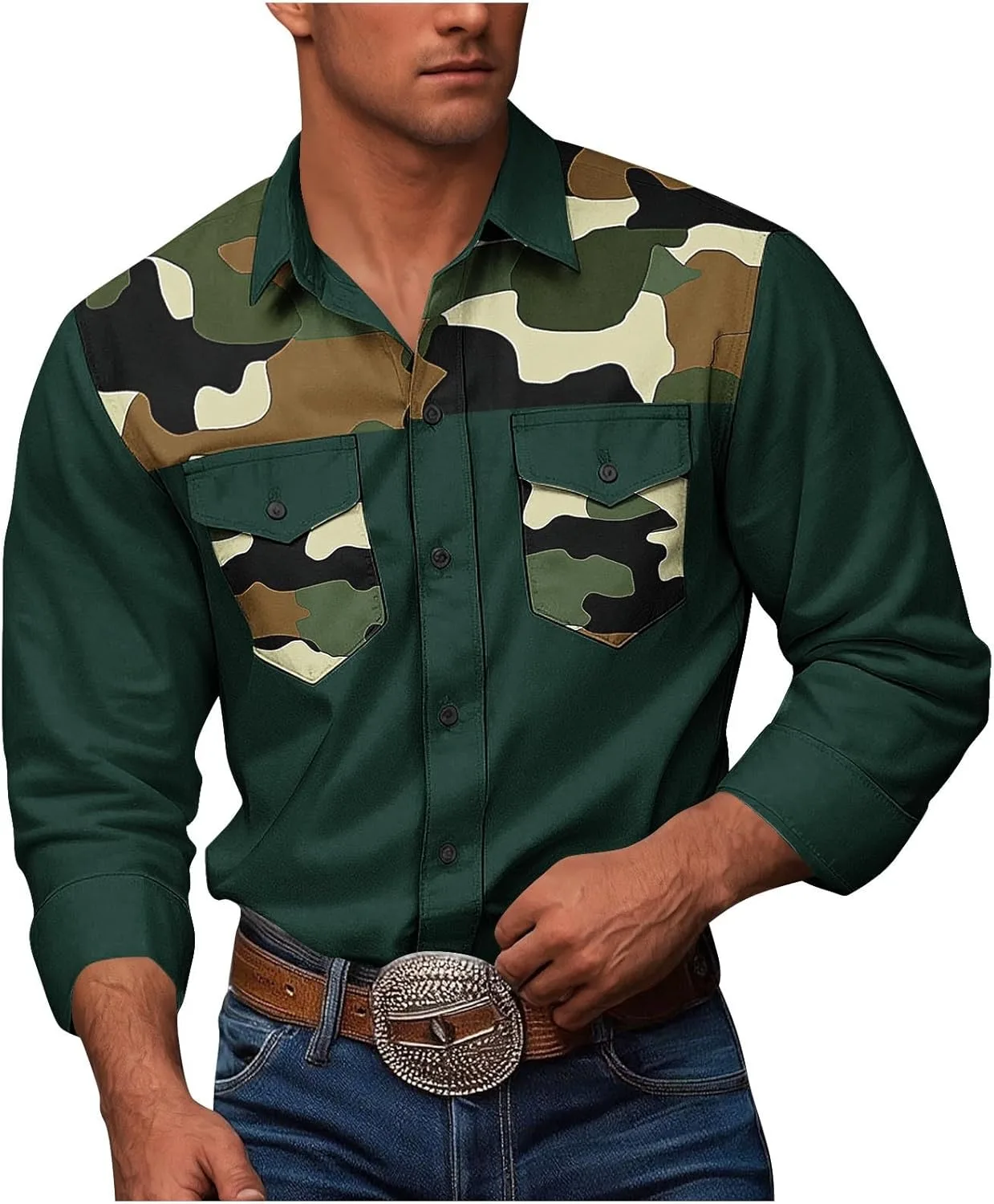 

Мужская камуфляжная рабочая рубашка с длинным рукавом и накладными карманами Sdeycui