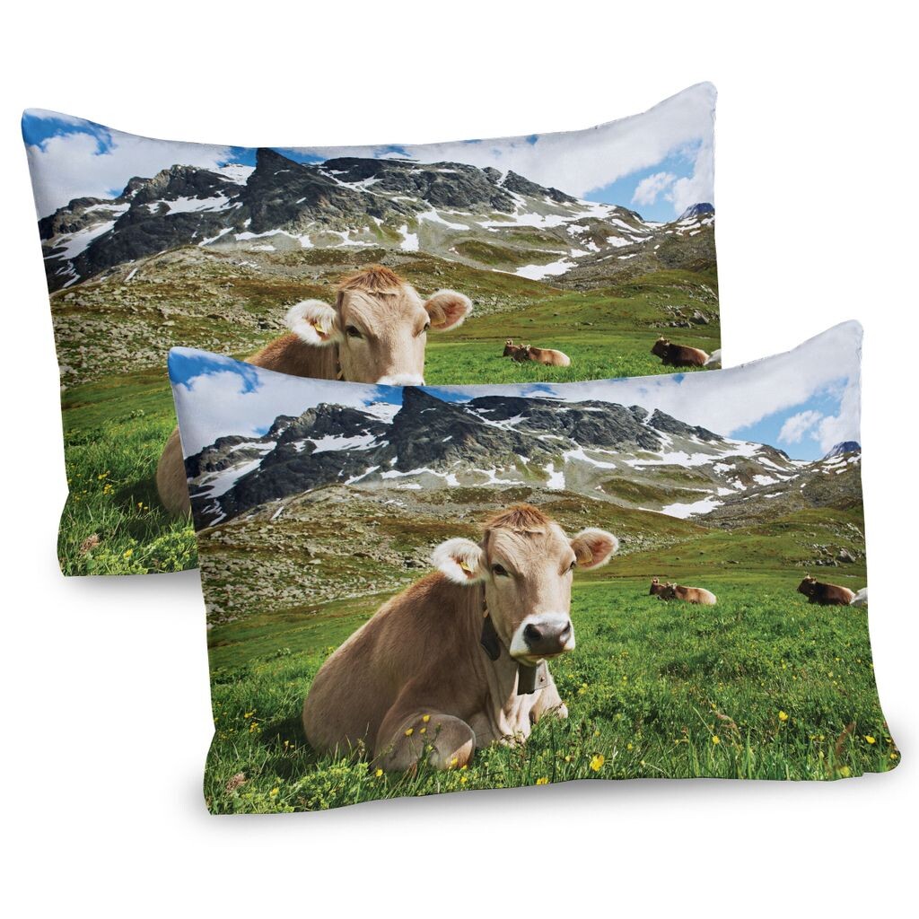 

ABAKUHAUS The Cattle Чехлы для подушек, набор из 2 шт., «Дойные коровы лежат и отдыхают на зеленых лугах заснеженного альпийского горного пейзажа», чехол для подушки с декоративным принтом, 80 x 40 см, многоцветный
