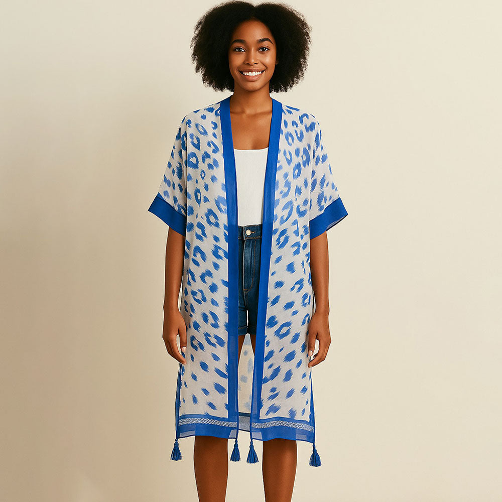 

Прозрачный длинный пончо-кимоно с леопардовым принтом и кисточками на распашке TRUEDAMES