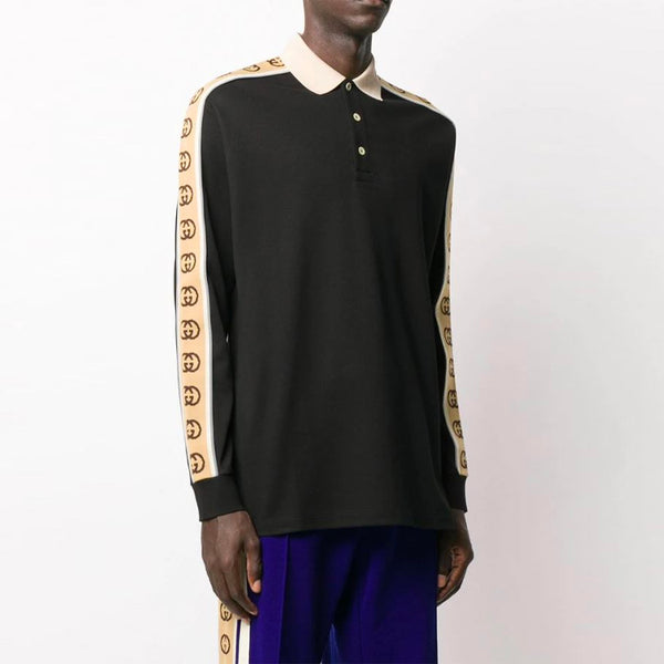 Футболка Gucci SS20 Side Sleeve Logo Striped Ribbon Long Sleeve Polo Shirt, черная — фото 4