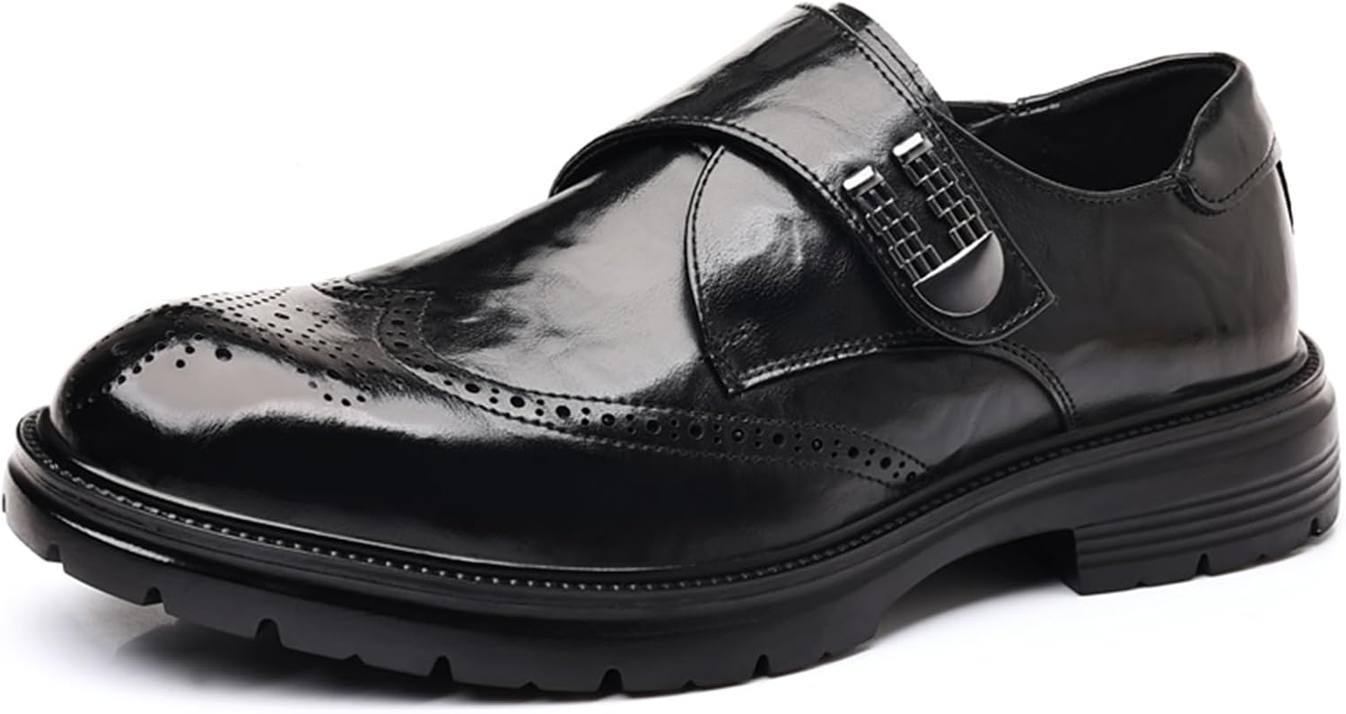 

Мужские кожаные лоферы без шнурков с монетным карманом, с двойными пряжками монах, низкий массивный каблук, платформа, броги с крыльями, мягкий ретро закругленный носок, противоскользящая подошва для деловых, формальных мероприятий и свадеб Tixe...