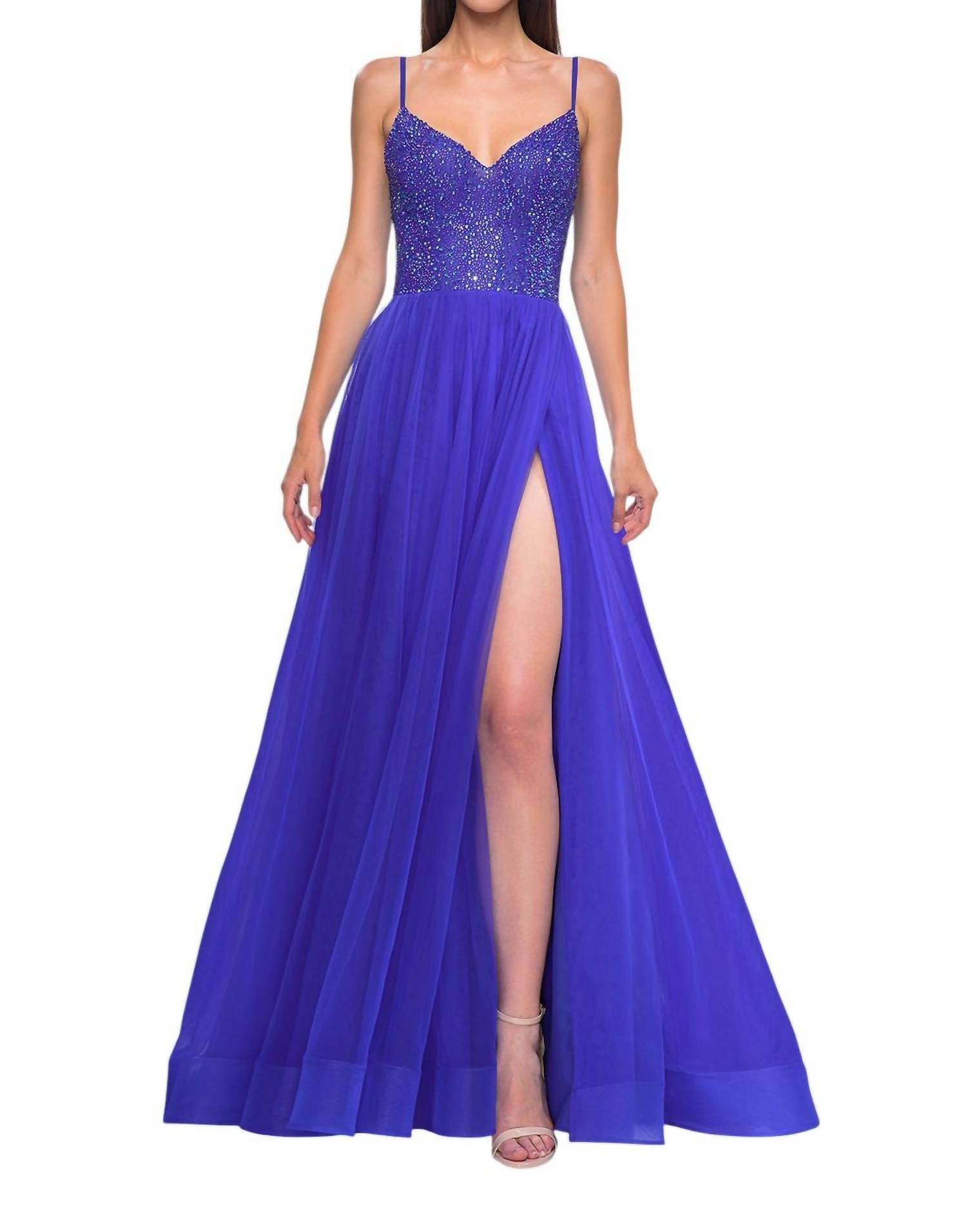 

Платье для выпускного вечера A-Line с корсетом, украшенным стразами, в королевском синем цвете La Femme