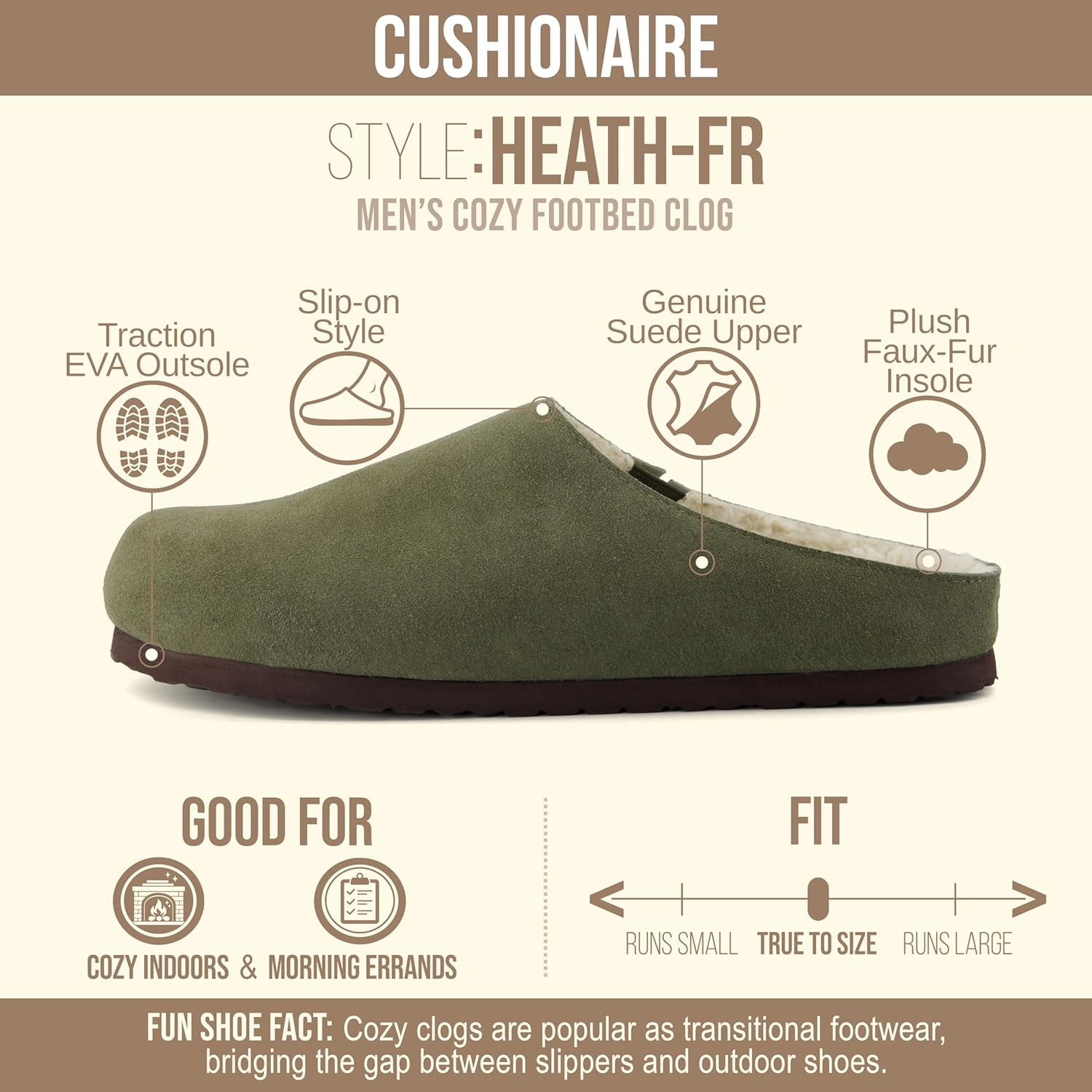 Мужские тапочки CUSHIONAIRE Heath из настоящей замши - уютные домашние сабо с искусственным мехом и ортопедической подошвой с эффектом памяти, для дома и улицы, Olive — фото 2