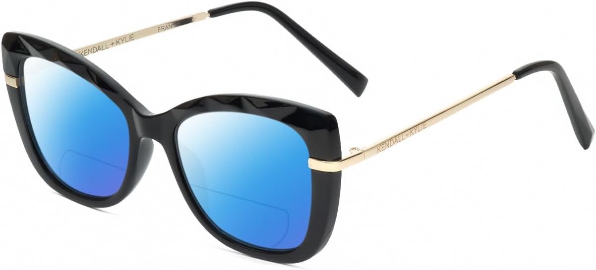 

Солнцезащитные очки Calabria K+K FRANNIE Cat Eye с поляризованными линзами и бифокальной оправой для чтения, модные дизайнерские очки с бифокальной оправой, Gloss Black Gold/Blue Mirror Lens