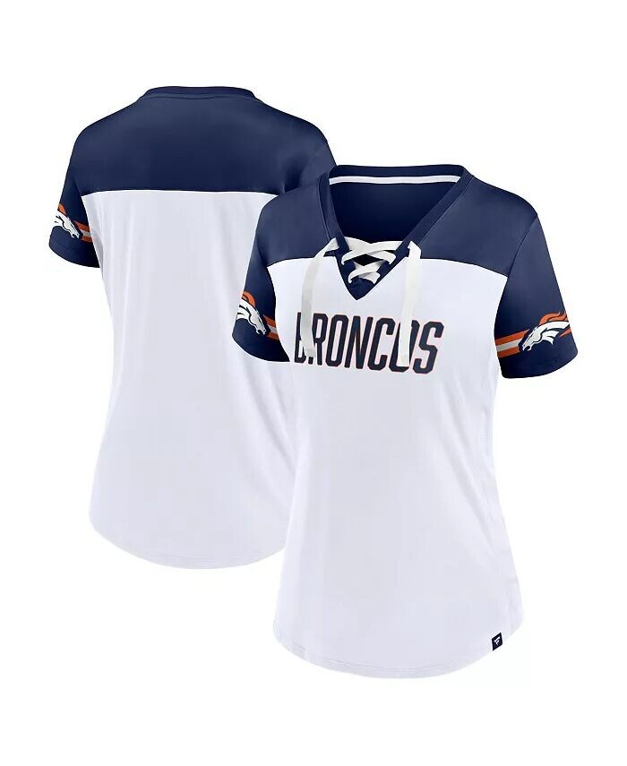 

Женская белая футболка Denver Broncos Dueling с наклонным v-образным вырезом и шнуровкой Fanatics