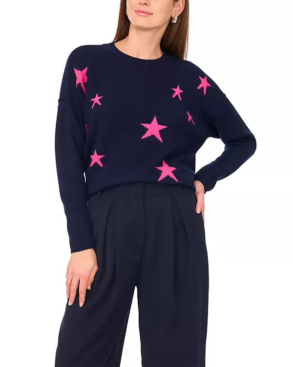 

Свитер с круглым вырезом и звездами Vince Camuto, синий
