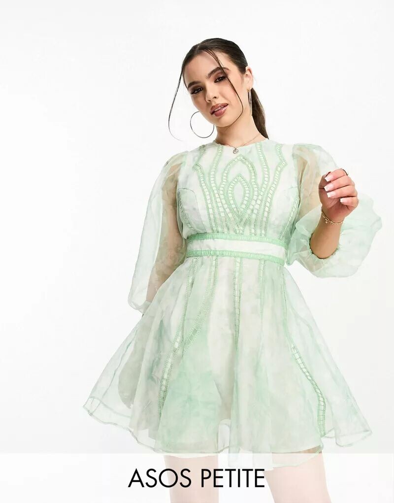

Платье мини-солнце из органзы с вышивкой и кружевной вставкой ASOS DESIGN Petite с зеленым принтом