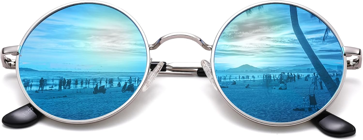 

Солнцезащитные очки Pro Acme Small Round Polarized Sunglasses для мужчин и женщин, в стиле ретро, ​​металлические, в стиле хиппи, с защитой от УФ-излучения UV400, H1 - Silver Frame/Blue Mirrored Lens