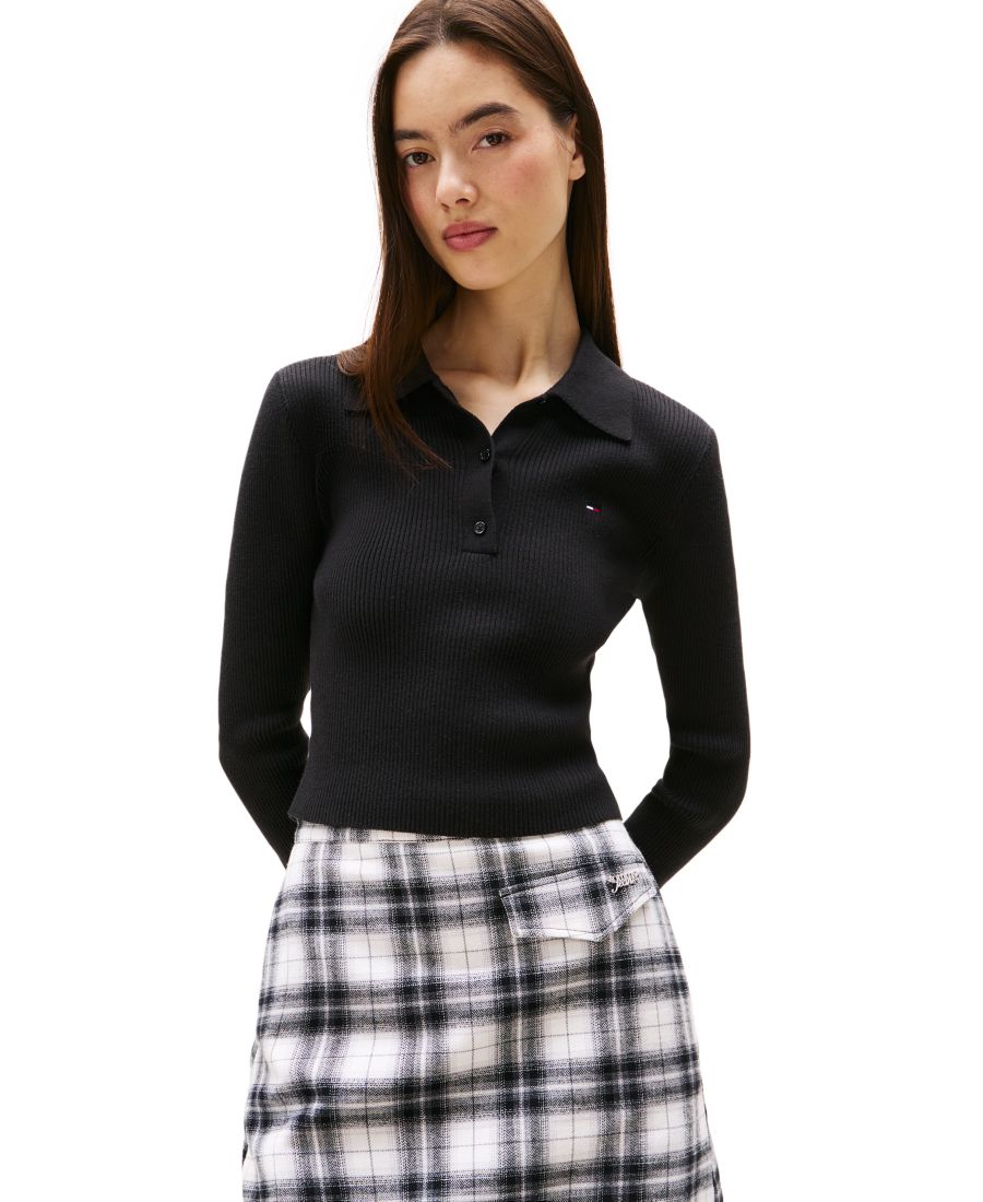 

Женский базовый хлопковый свитер-поло с длинными рукавами Tommy Jeans, Black