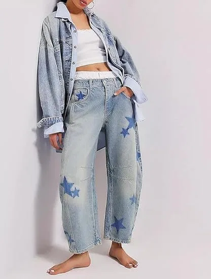 Джинсы с принтом, Barrel Jeans, Синяя звезда — фото 4