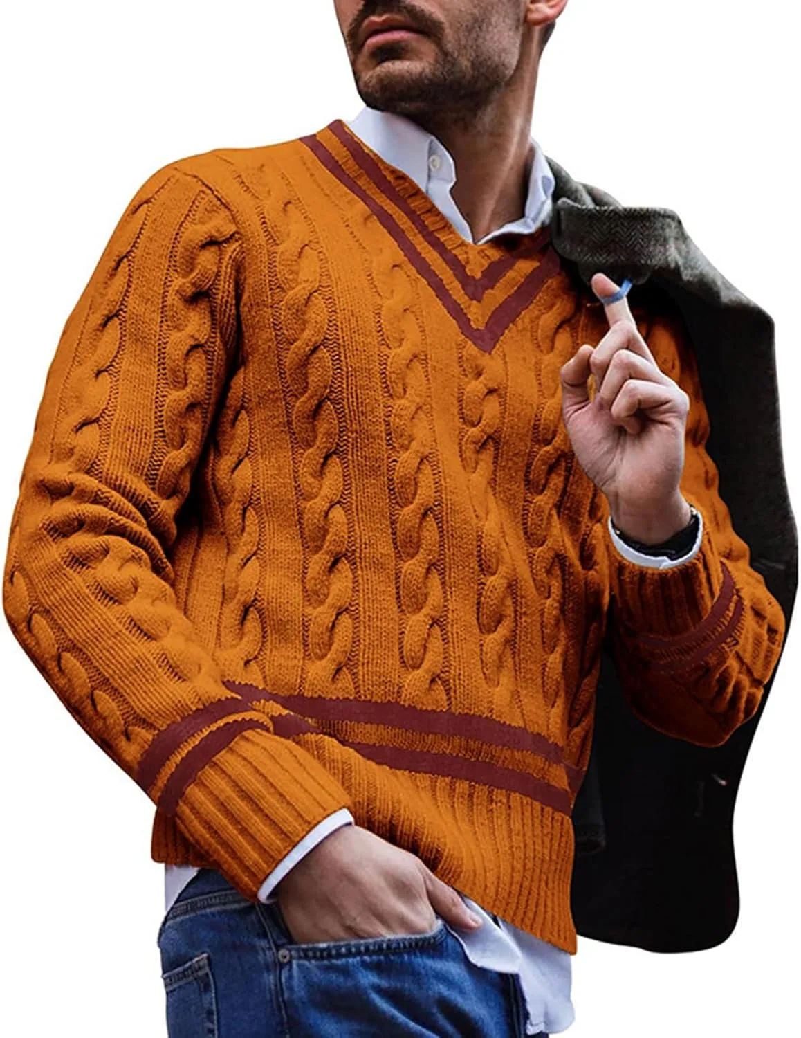 

Мужской вязаный свитер с V-образным вырезом и контрастными полосками RSZGSWS