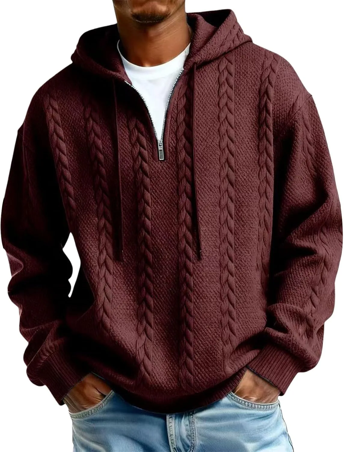 

Мужской худи с полумолнией и рельефной вязкой для прохладной погоды