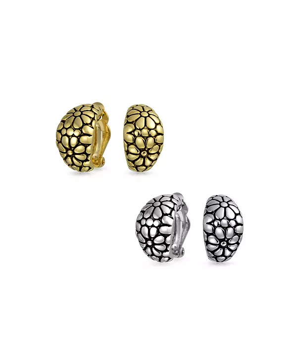 

Комплект из двух серег-клипс в форме полукольца с цветком, покрытых оксидированным золотом Bling Jewelry, gold-silver