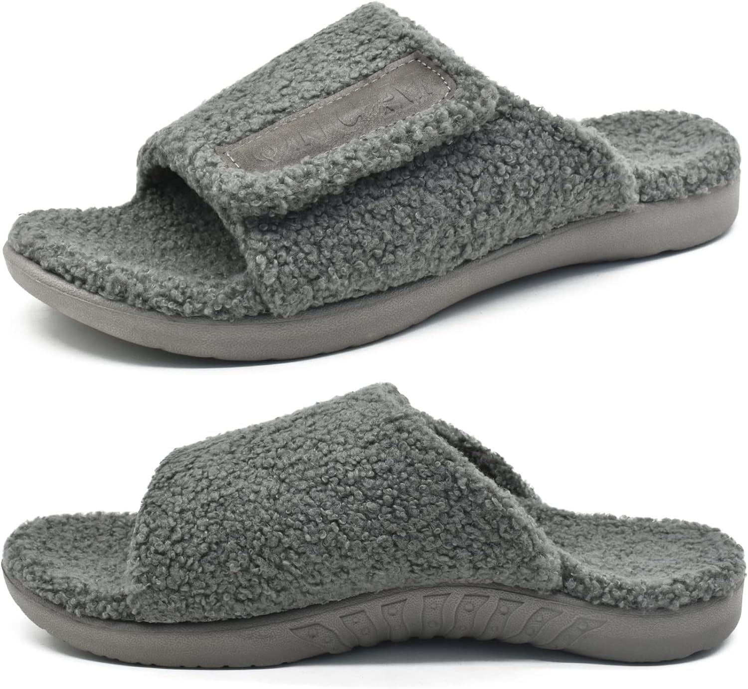 

Мужские домашние тапочки ONCAI с поддержкой свода стопы, меховые слайды с ортопедической поддержкой при пяточной шпоре, широкая стелька и регулируемые ремешки, размер 7.5-15, серый
