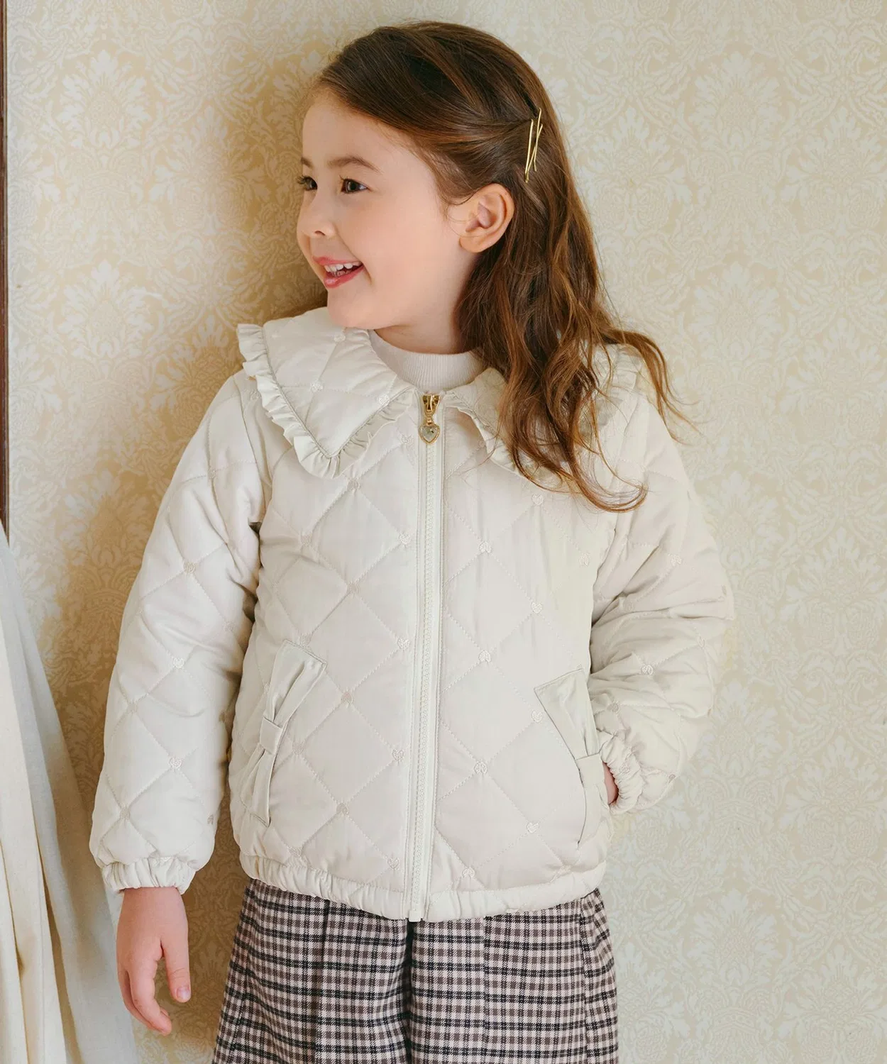 Куртка стёганая с вышивкой сердца, бренд any FAM KIDS, бежевая
