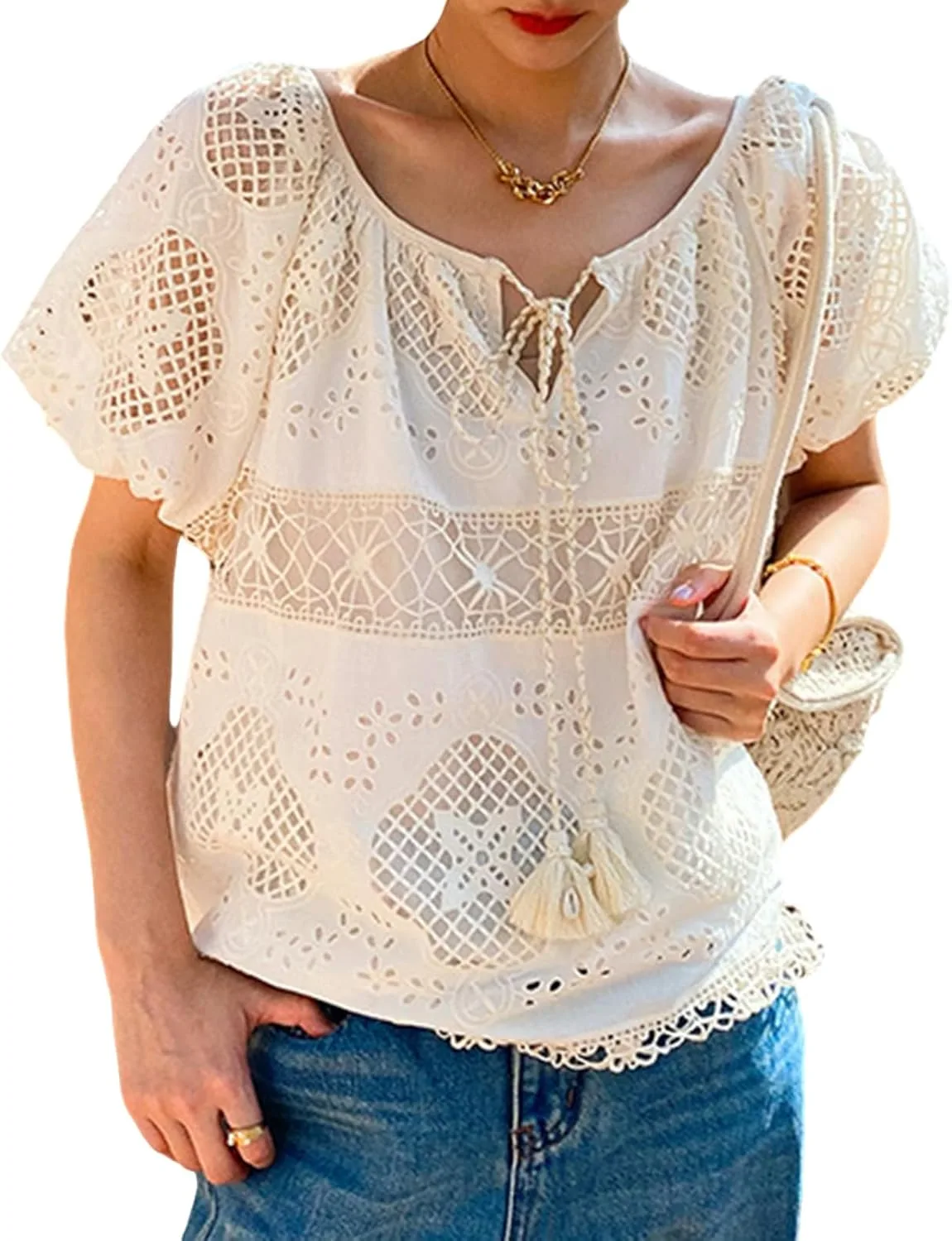 

Женская модная блузка с коротким рукавом и кружевом HGKPFGTF