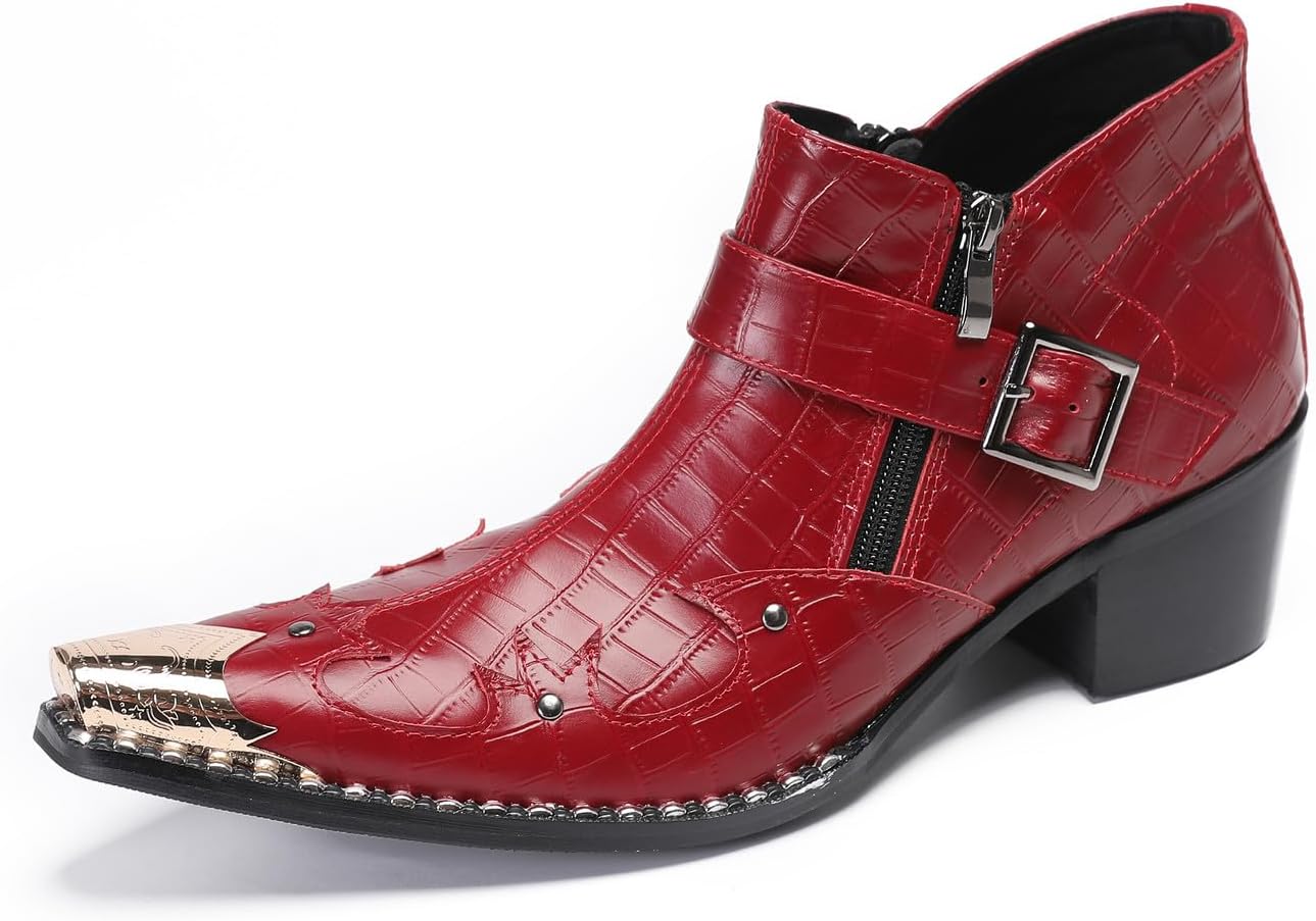 

Мужские ботинки с коротким голенищем Santimon Chelsea, повседневные, для вечеринок и рок-выступлений, западного стиля, с текстурой под змеиную кожу, чукка-ботинки, с металлическими вставками, красный