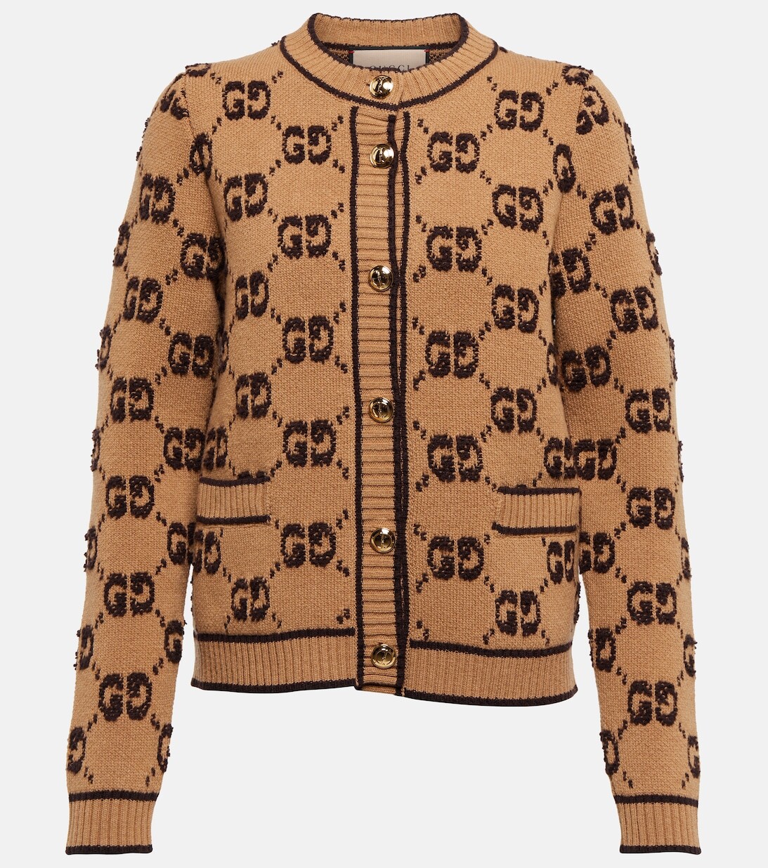 

Жаккардовый кардиган из шерсти и букле с узором GG GUCCI, коричневый
