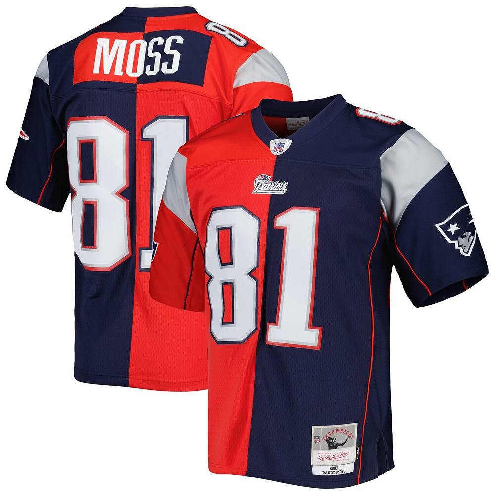 

Мужская футболка Mitchell & Ness Randy Moss темно-синего/красного цвета New England Patriots 2007 Split Legacy Replica Джерси, цвет Pat Navy