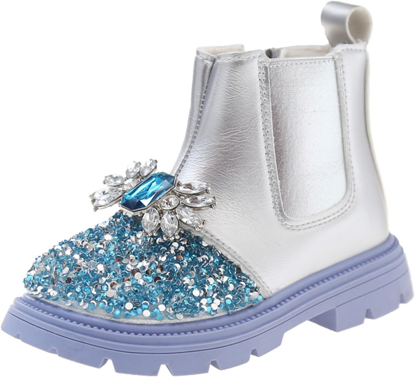 

Детские блестящие ботинки на щиколотку с боковой молнией, пайетки, ковбойский стиль, внутри с флисовой подкладкой, короткие модные теплые уютные нарядные туфли Generic, Silver