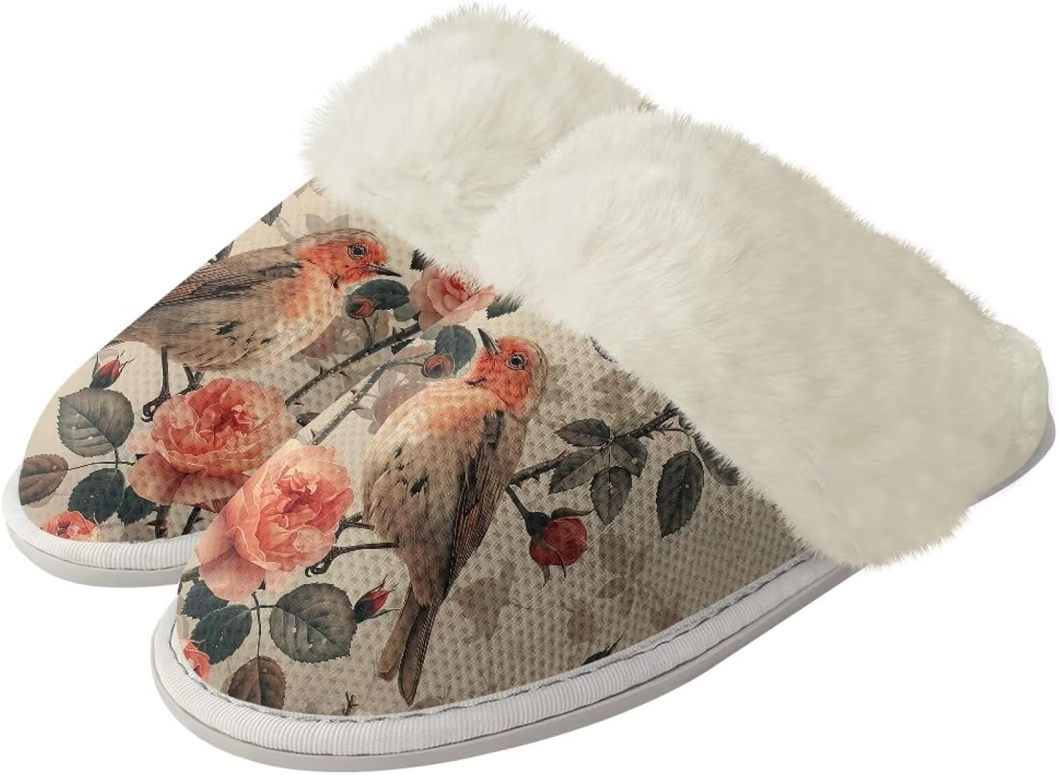 

Мягкие домашние тапочки для мужчин и женщин, зимние теплые хлопковые домашние тапочки, бесшумные, моющиеся, с нескользящей резиновой подошвой Watdotory, Bird Flower
