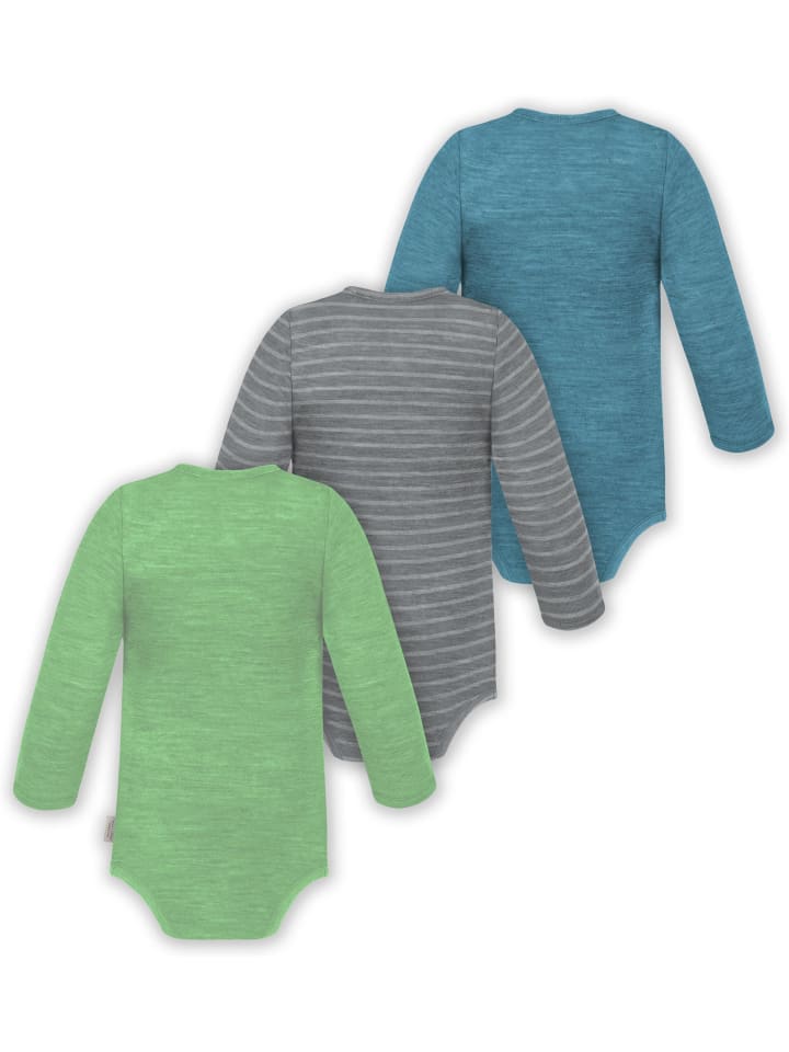 Normani Outdoor Sports Набор из 3 детских боди с длинными рукавами из мериносовой шерсти, синего, серого и зеленого цветов — фото 2
