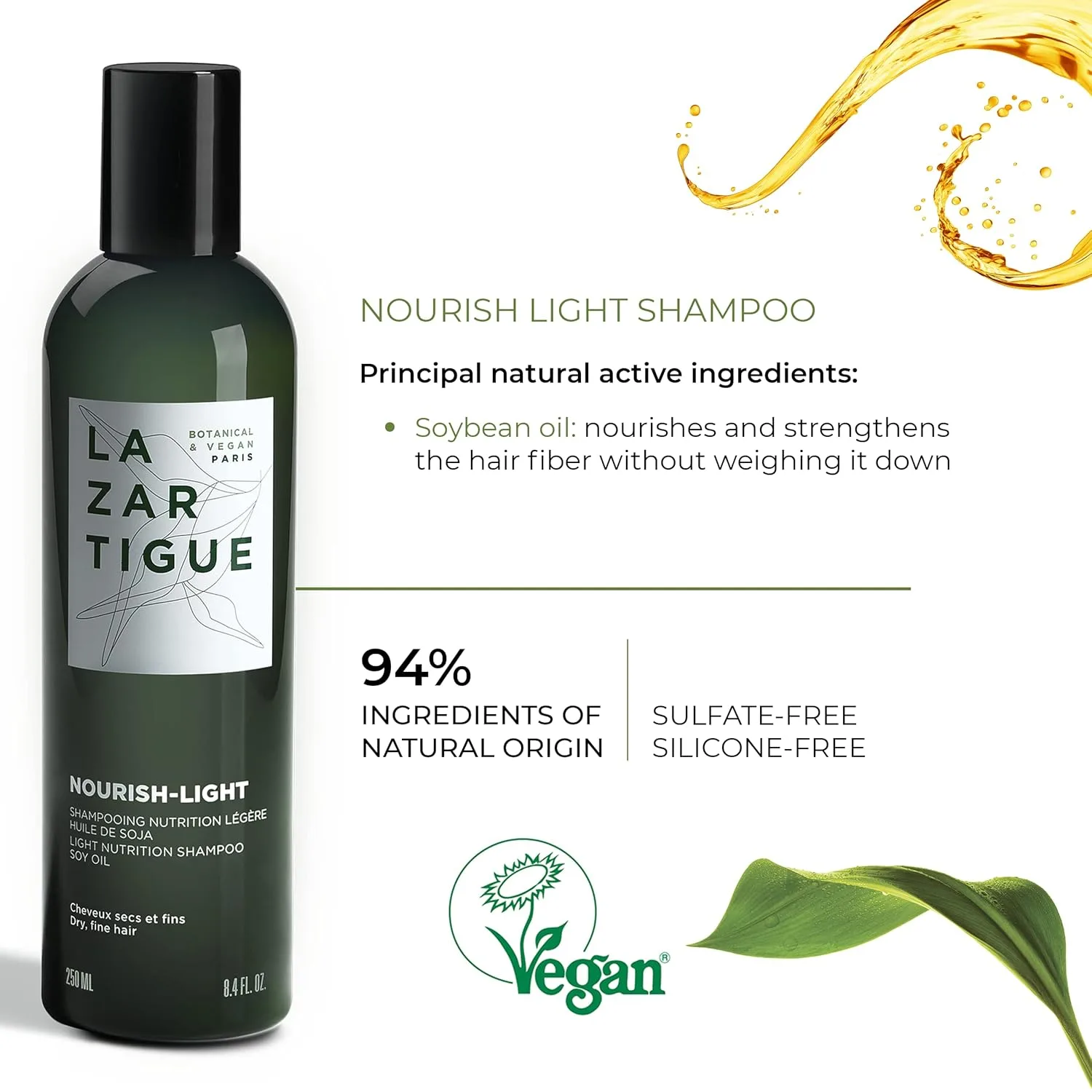 Легкий питательный шампунь Lazartigue Nourish, обогащенный соевым маслом, для сухих и тонких волос, веганский, без сульфатов и силиконов, 240 мл. — фото 4