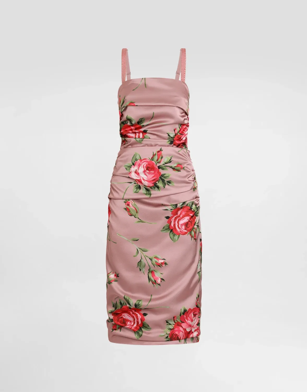 Атласное платье с принтом "букет роз" DOLCE & GABBANA, белый
