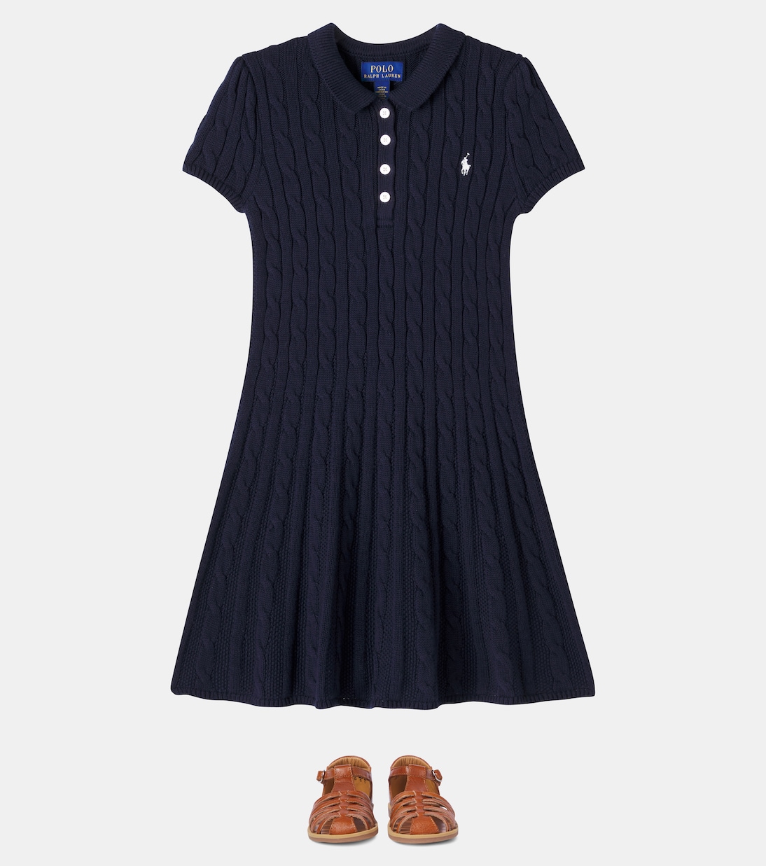 Логотип хлопковое платье с узором "косичка" Polo Ralph Lauren Kids, Rl Navy W/ Prch Cream — фото 2