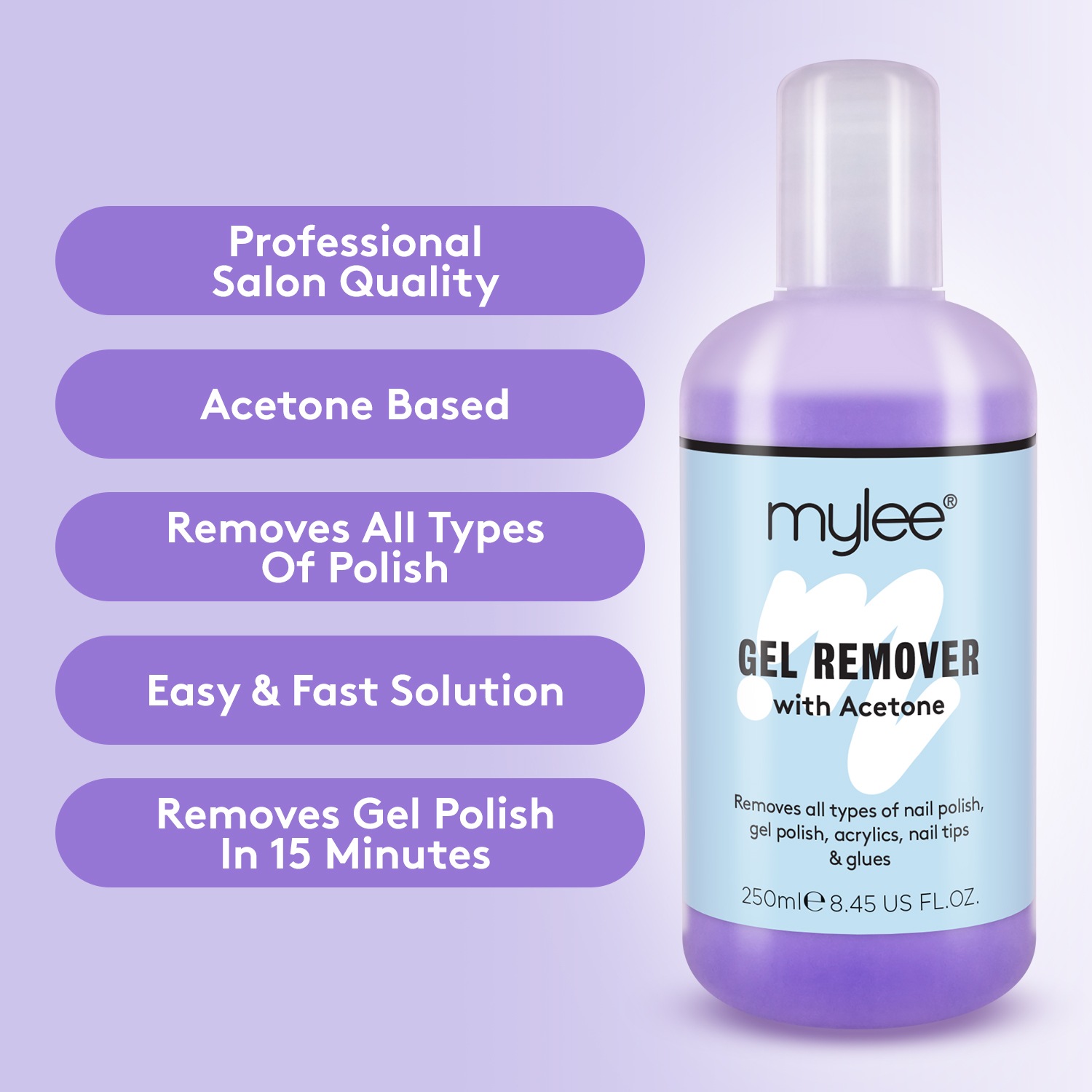 Жидкость для снятия лака prep & wipe und gel remover duo Mylee, объем 500 мл — фото 3