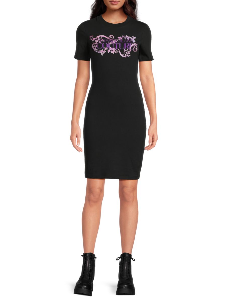 

Мини-платье-футляр с логотипом Versace Jeans Couture, черный