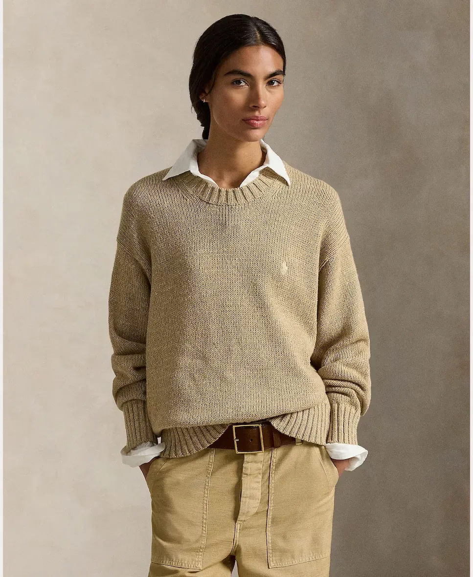 Дамский хлопковый свитер с круглым вырезом Polo Ralph Lauren, бежевый