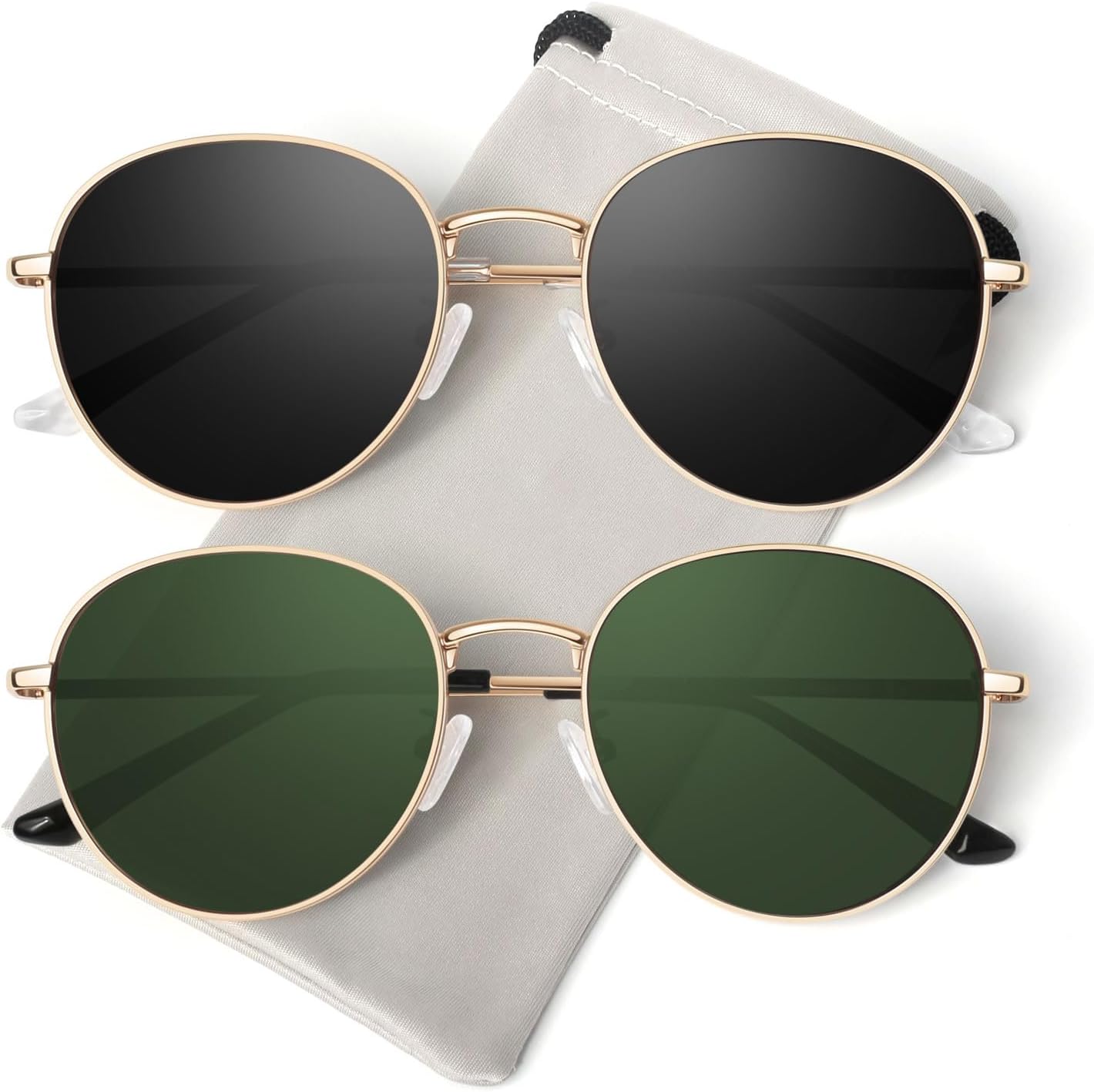 

Солнцезащитные очки GQUEEN Retro круглые поляризованные для женщин и мужчин, с пружинным шарниром, металлической оправой, модные овальные солнцезащитные очки в стиле хиппи, защита от УФ-излучения UV400, 2 Gold Black & Gold Green