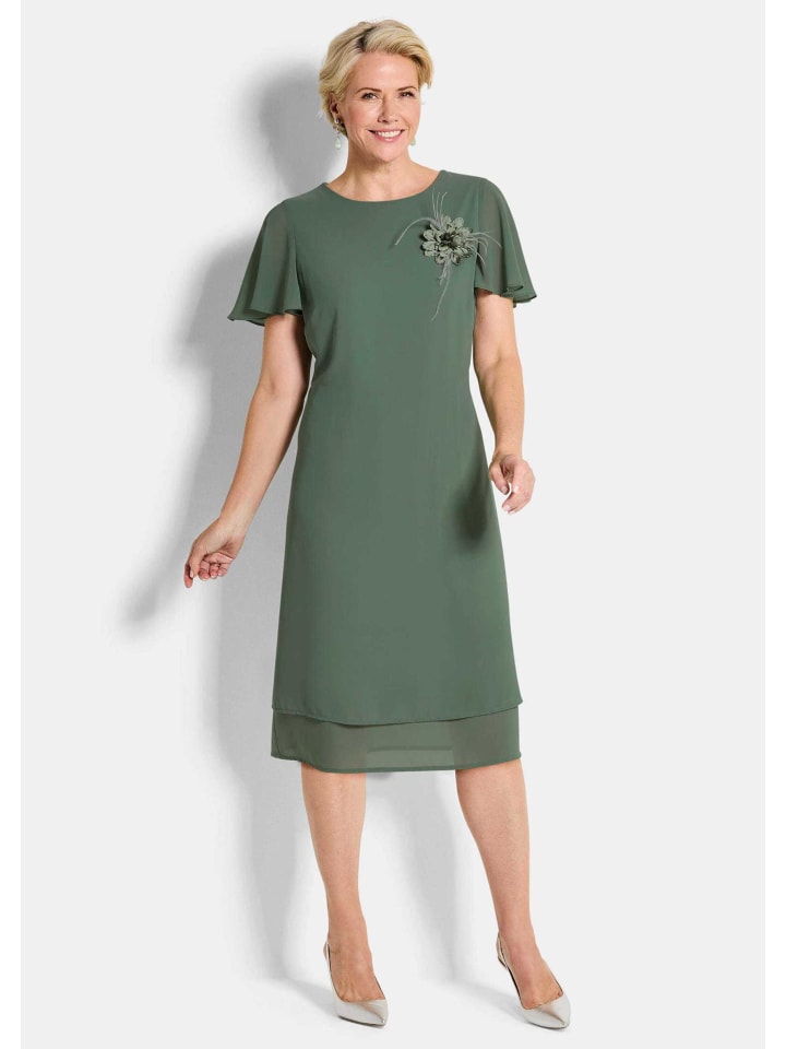 

GOLDNER Укороченный размер: Вечернее платье из шифона со съемной брошью цвета шалфея