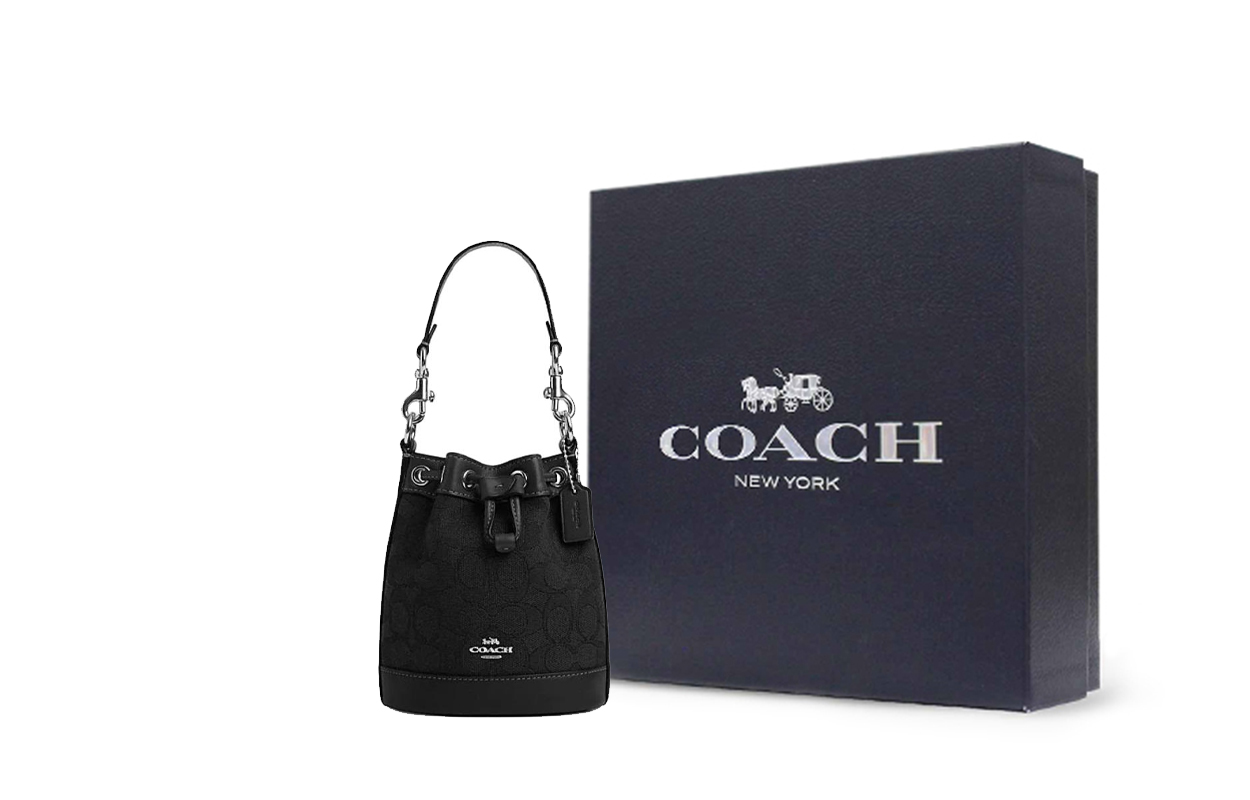 

COACH Сумка-ведро из ткани с кожаными вставками Миниатюрная женская сумка через плечо или на пояс с серебряной фурнитурой и черным цветом