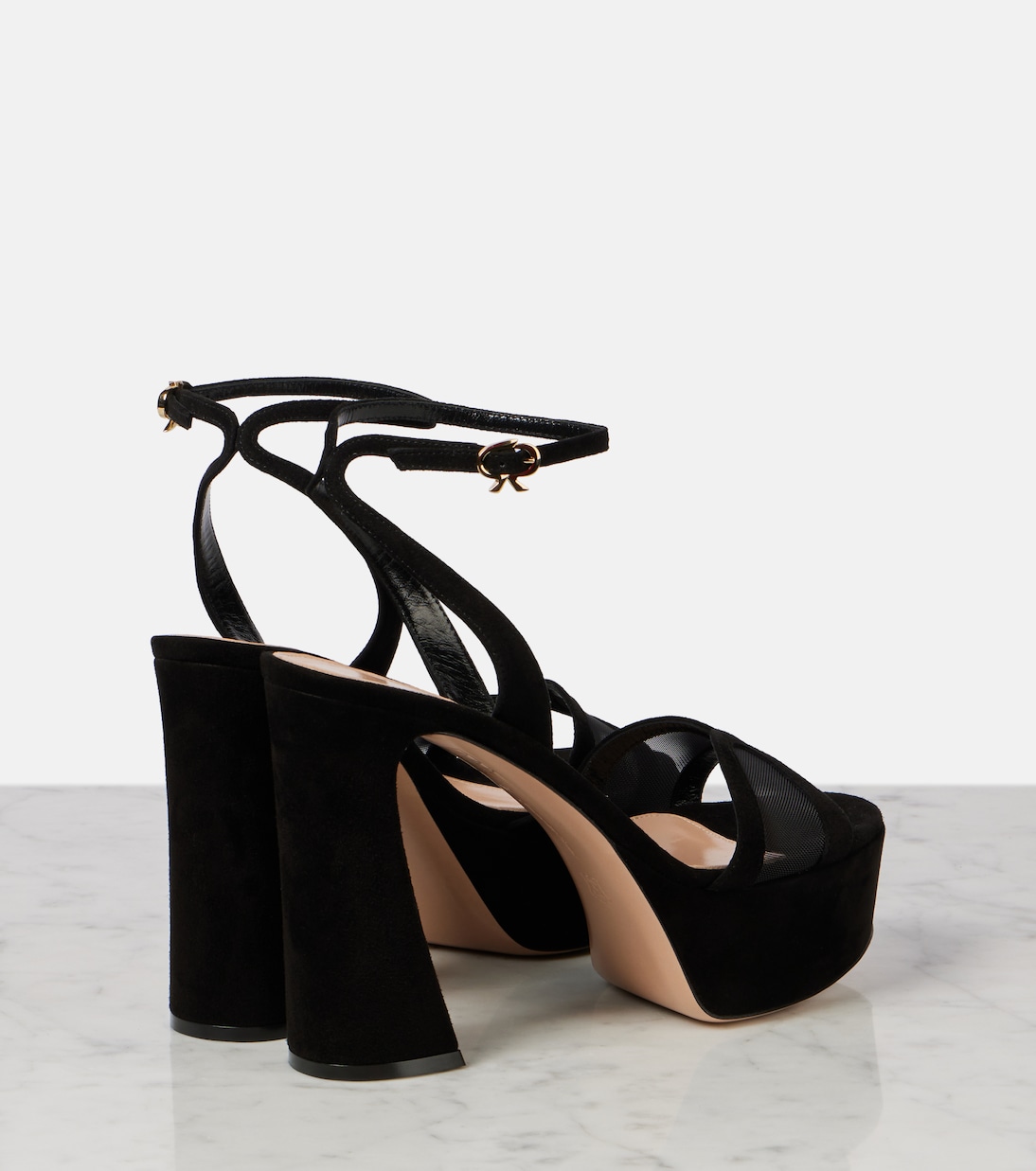 Бархатные сандалии на платформе с сетчатыми вставками Gianvito Rossi, Black+Black — фото 2