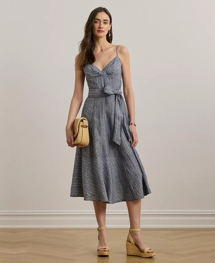

Женское полосатое льняное платье без рукавов с поясом Lauren Ralph Lauren, синий