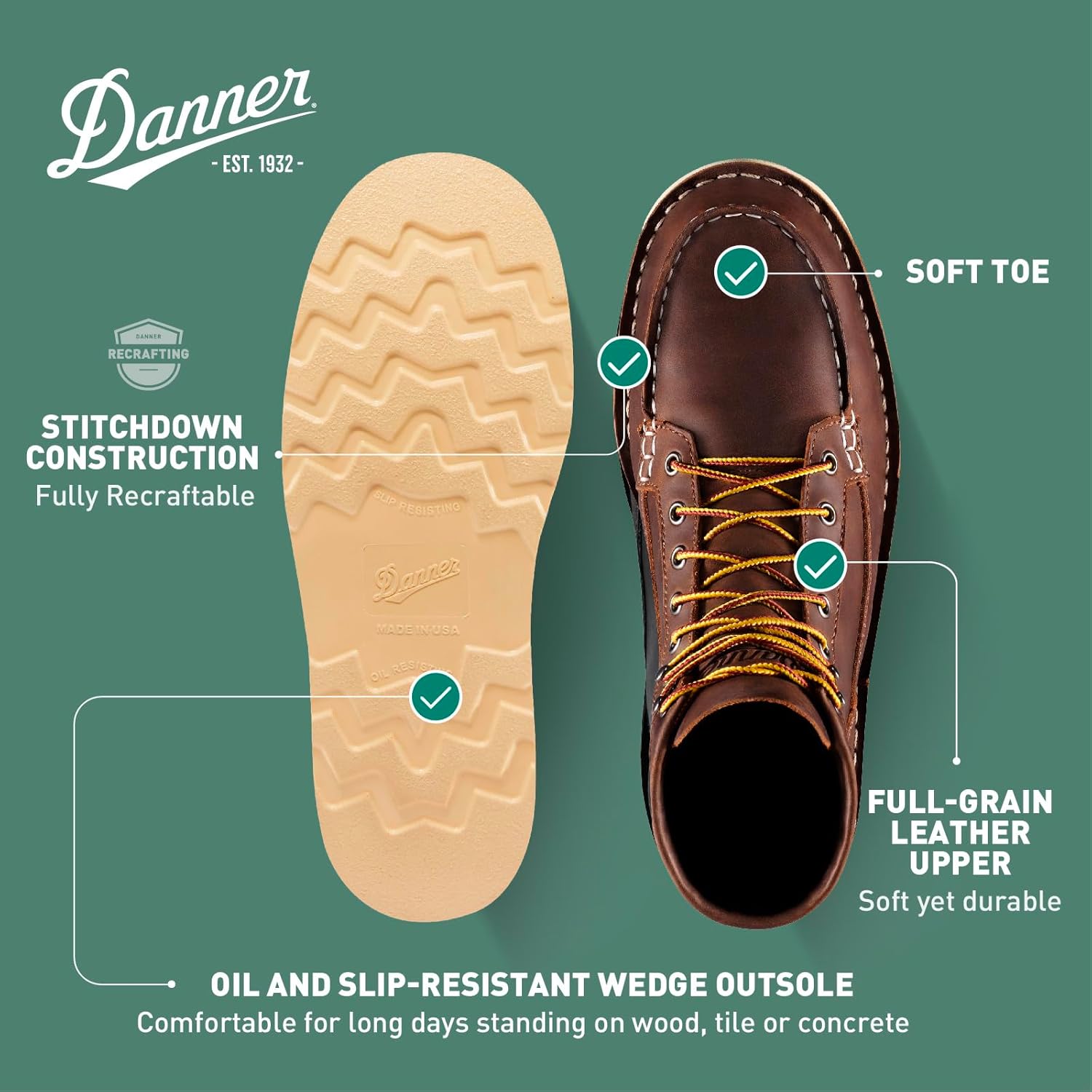Мужские рабочие ботинки Danner 6” Bull Run с мок-то носком - верх из полной кожи с масляной обработкой, противоскользящая подошва клиновидной формы и стелька с трехслойной амортизацией, стойкость к электрическому току (EH), коричневый — фото 4