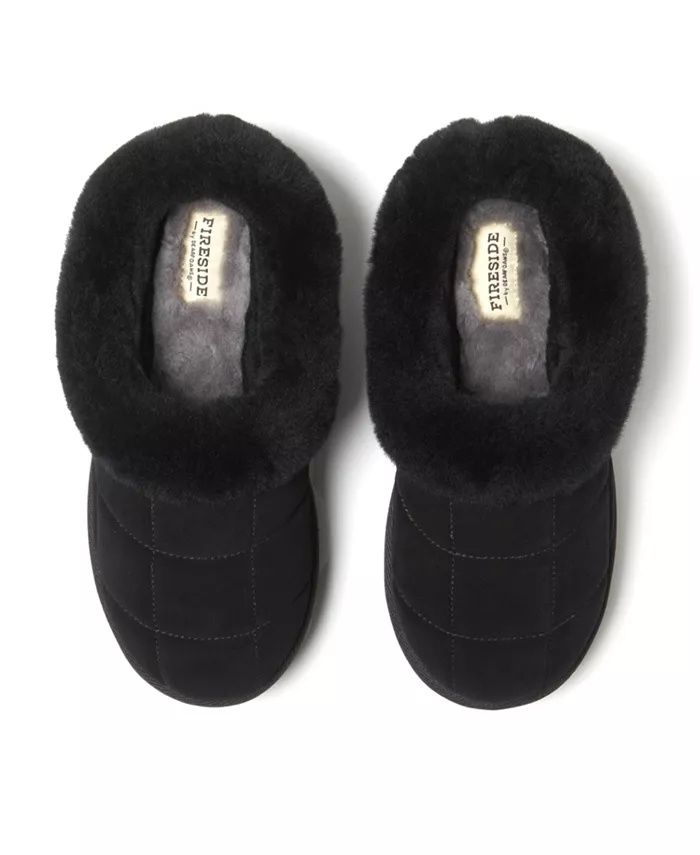 Fireside by Women's Bendigo - Квадратные платформенные тапочки-клоги из натуральной овчины с стеганой отделкой Dearfoams, черный — фото 4