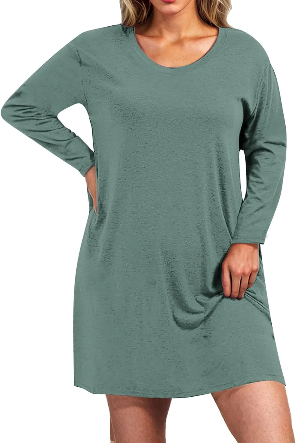 Платье Plus Size для женщин, осеннее повседневное, с длинным рукавом и круглым вырезом, свободного кроя, базовое однотонное Generic, зеленый — фото 2