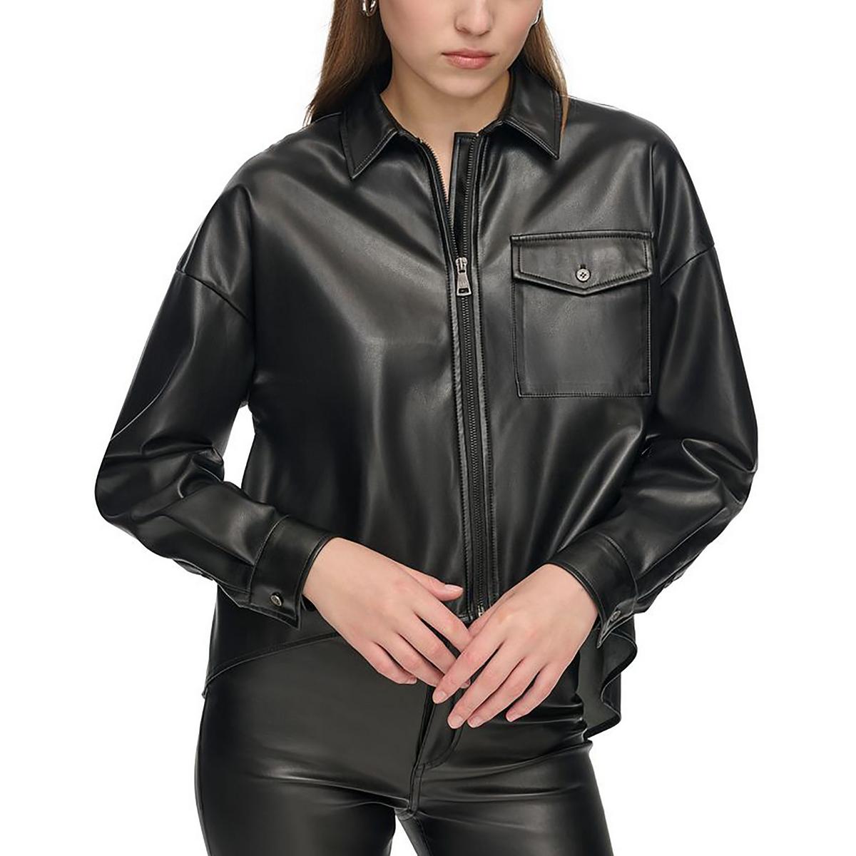 

Женский топ из искусственной кожи с длинными рукавами и баской DKNY Jeans, черный