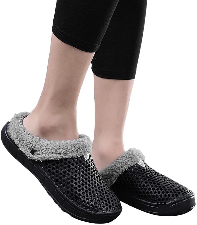 

Женские и мужские тапочки Hbeylia Fuzzy Mule Clogs, дышащие с вырезами, с мемори-пеной, домашние обувь, водонепроницаемые, с меховой подкладкой, для сада, зимние теплые домашние шлепанцы, для дома и улицы, пляжные мюли, черный
