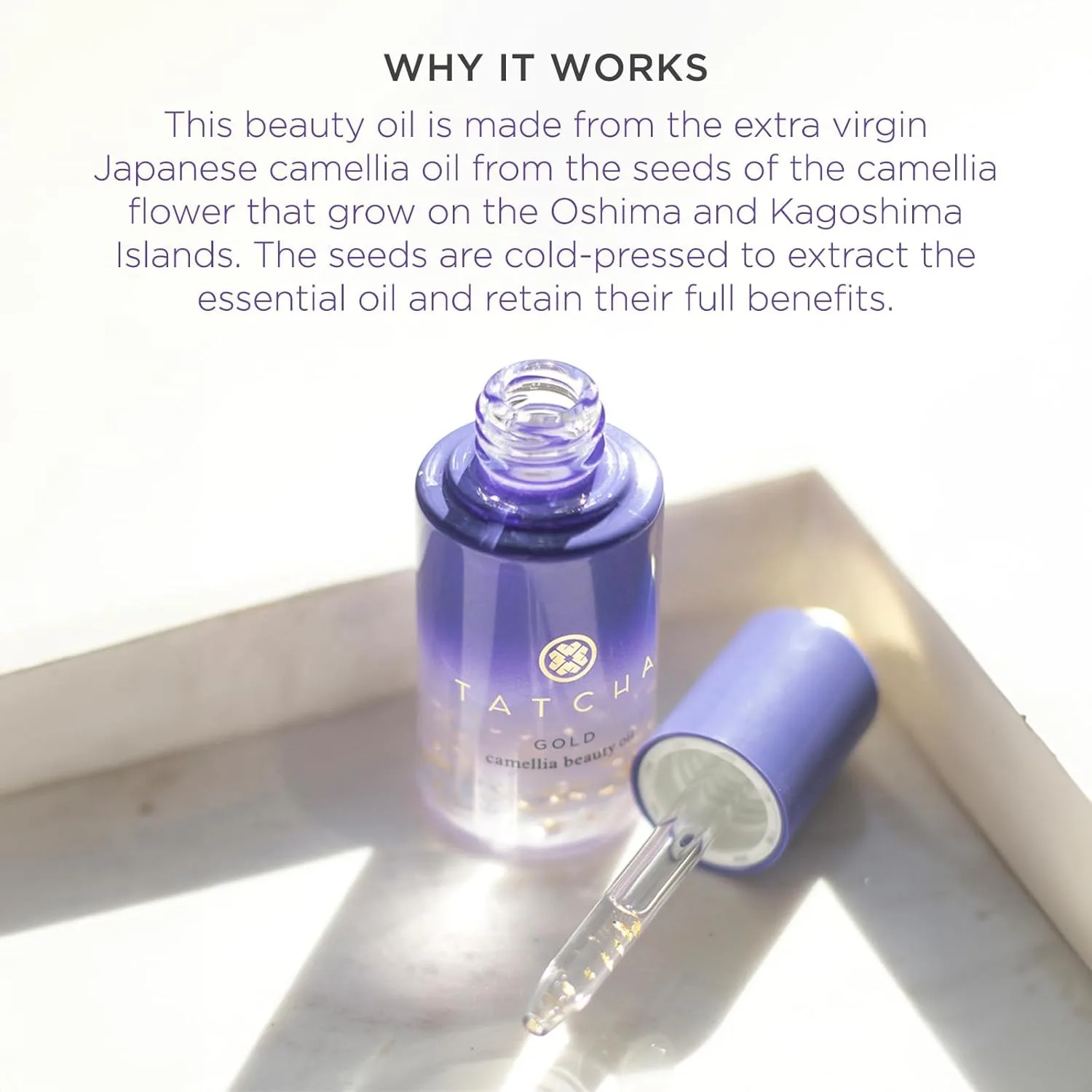 Увлажняющее масло для лица, тела и волос TATCHA Gold Camellia Beauty Oil с хлопьями 23-каратного золота | 30 мл / 1 унция 29,6 мл (1 шт.), gold — фото 3