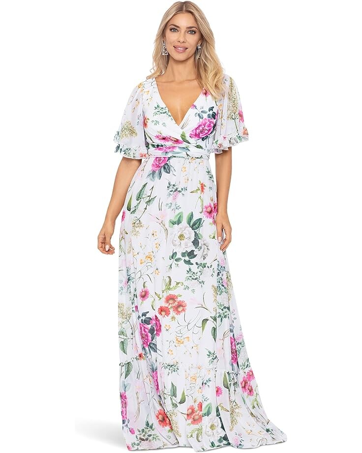 

Платье Betsy & Adam Long Floral Flare Sleeve, цвет Ivory/Multi